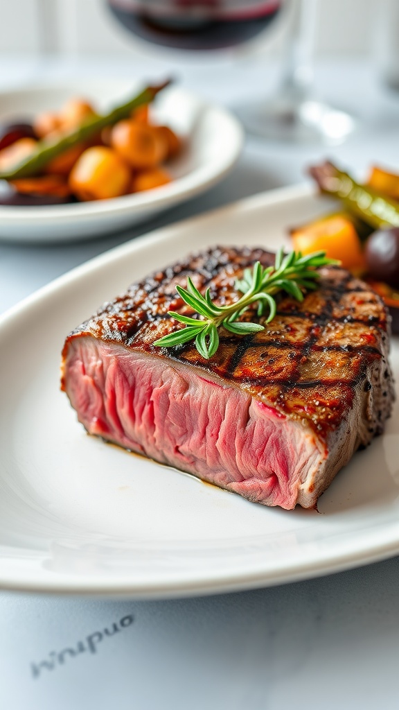 A beautifully plated filet mignon with a crispy exterior and pink center, served with roasted vegetables and a glass of wine.